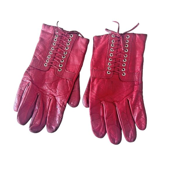 Red Leather Gloves Size XL Anne Klein Vintage Lace Up Retro Christmas Gift Woman - Picture 2 of 11